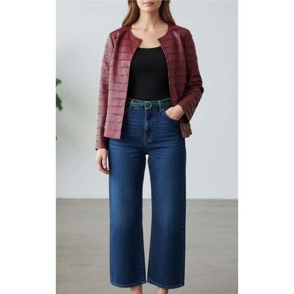 Lafayette 148 New York Burgundy 100% Leather Open Front Layered Jacket Size 6 - Picture 15 of 15